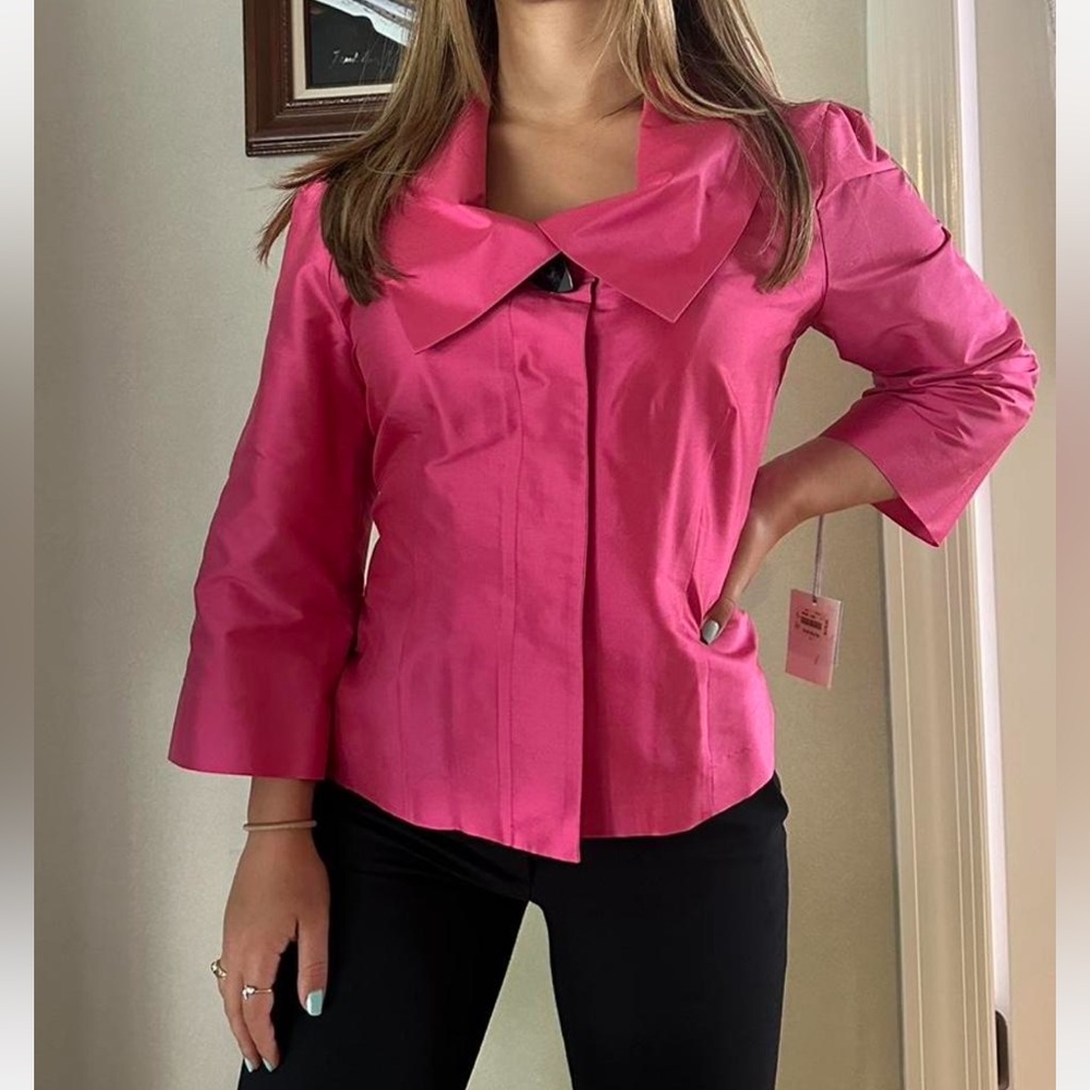 Hot pink satin blouse shirt with cute collar and button detailing